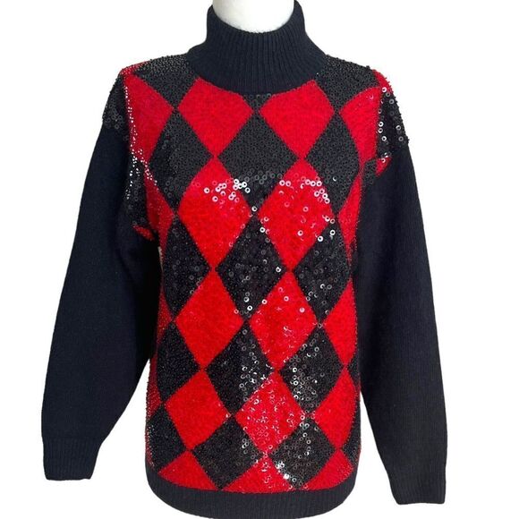 Vintage IB Diffusion Sequin Argyle Mock Neck Sweater Small Silk Wool Red disco - Picture 3 of 11